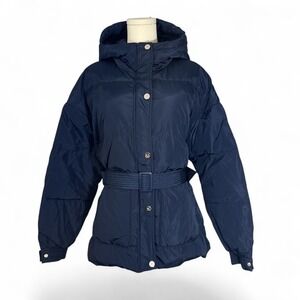 Orolay Womens Down Coat Navy Blue Belted Hooded Puffer Jacket Large NWT